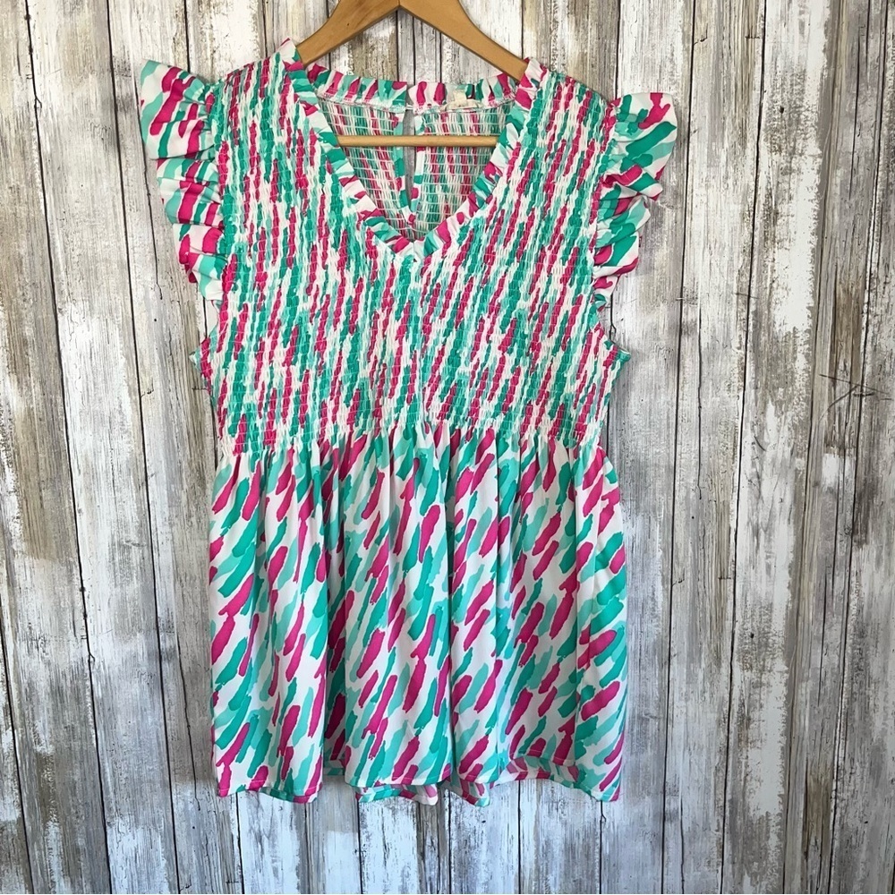 Jodifl Smocked Pink & Green Ruffle Sleeveless Blouse